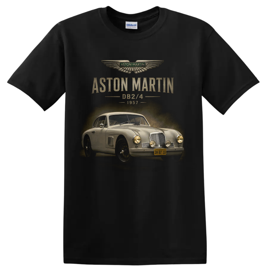 1957 Aston Martin DB2/4 vintage classic car graphic with distressed text on a Black T Shirt