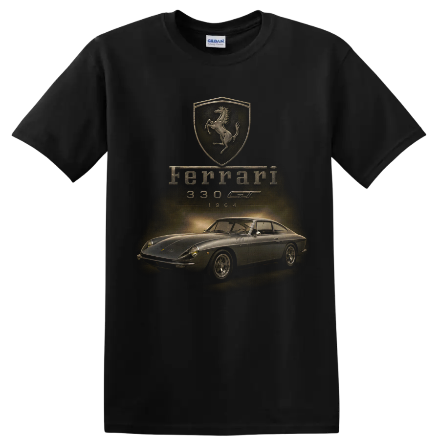 Ferrari 330 GT 1964 vintage classic car graphic with Ferrari shield on a Black T Shirt