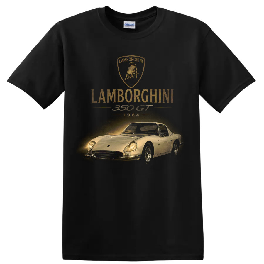 Lamborghini 350 GT 1964 vintage classic car graphic with bull crest on a Black T Shirt