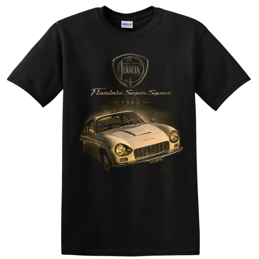 Lancia Flaminia Super Sport 1962 vintage coupe graphic with crest and script on a Black T Shirt