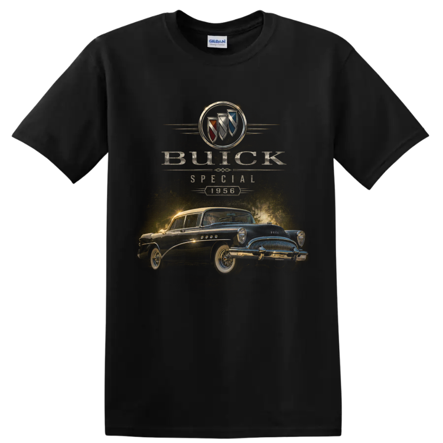 1956 Buick Special vintage classic car graphic with Buick crest on a Black T Shirt