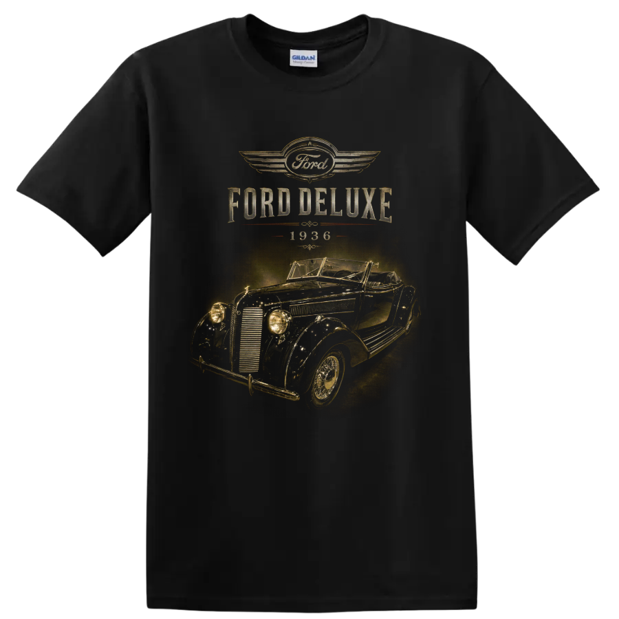 1936 Ford Deluxe vintage convertible with distressed Ford lettering on a Black T Shirt