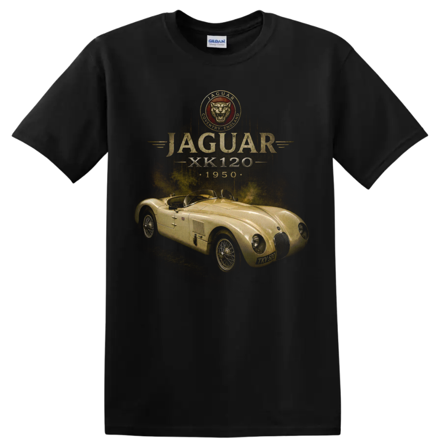 Vintage Jaguar XK120 1950 roadster graphic with distressed gold lettering on a Black T Shirt