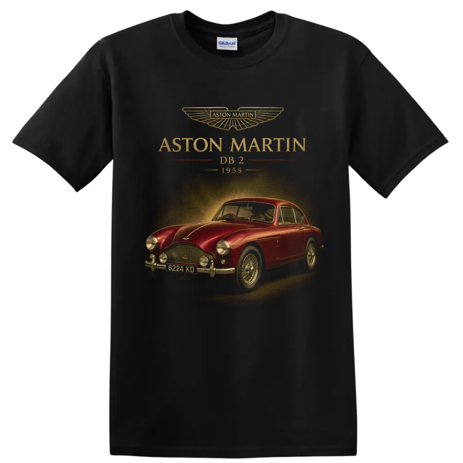 Aston Martin DB2 1955 vintage red coupe with gold lettering on a Black T Shirt