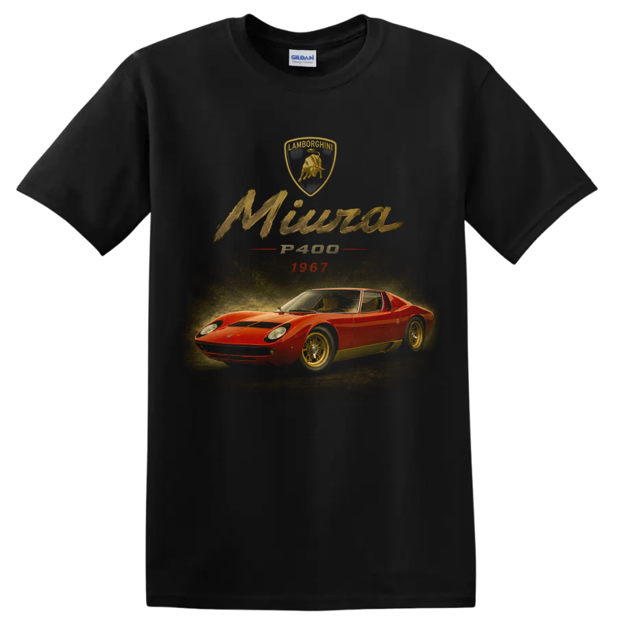 Lamborghini Miura P400 1967 vintage red sports car graphic on a Black T Shirt
