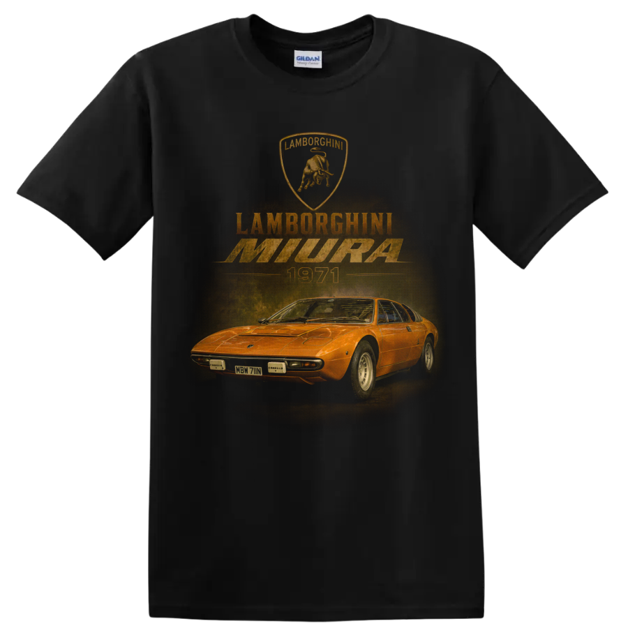 Lamborghini Miura vintage orange sports car graphic on a Black T Shirt