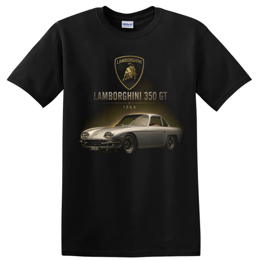 Vintage Lamborghini 350 GT 1964 classic car graphic with bull crest on a Black T Shirt