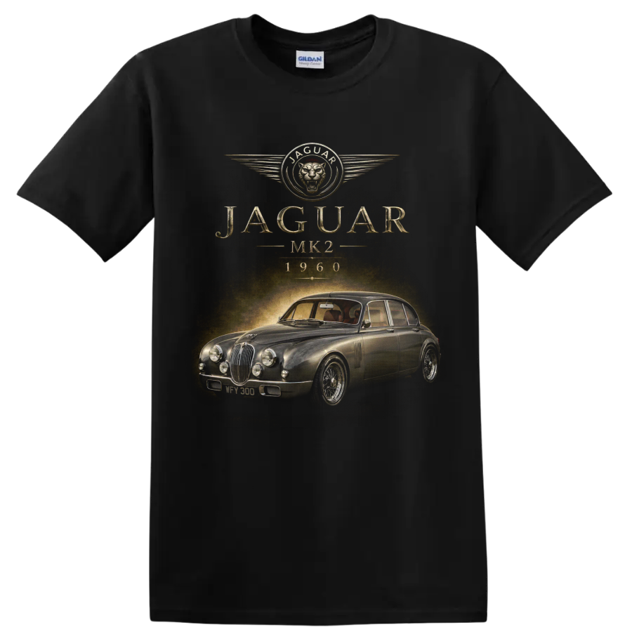 Jaguar MK2 1960 vintage classic car graphic with JAGUAR lettering on a Black T Shirt