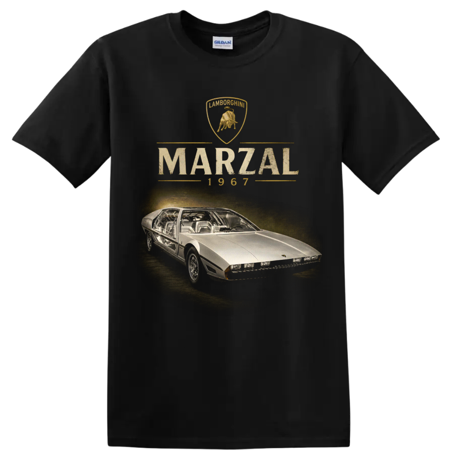 Vintage Lamborghini Marzal 1967 concept car graphic with crest and lettering on a Black T Shirt