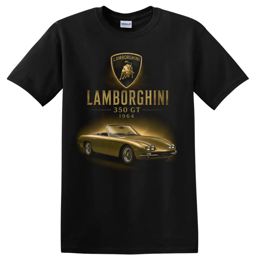 Lamborghini 350 GT 1964 vintage gold classic car graphic with crest on a Black T Shirt
