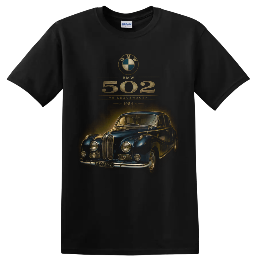 Vintage BMW 502 1954 blue classic car with distressed gold typography on a Black T Shirt