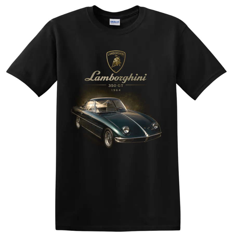 Lamborghini 350 GT 1964 vintage teal classic coupe graphic on a Black T Shirt