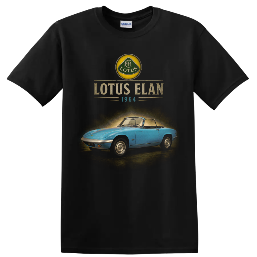 1964 Lotus Elan blue roadster vintage graphic with retro lettering on a Black T Shirt