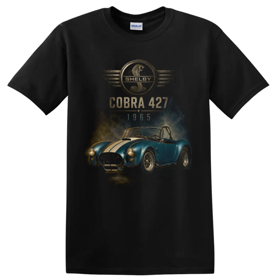 Shelby Cobra 427 1965 blue roadster vintage graphic with cobra emblem on a Black T Shirt