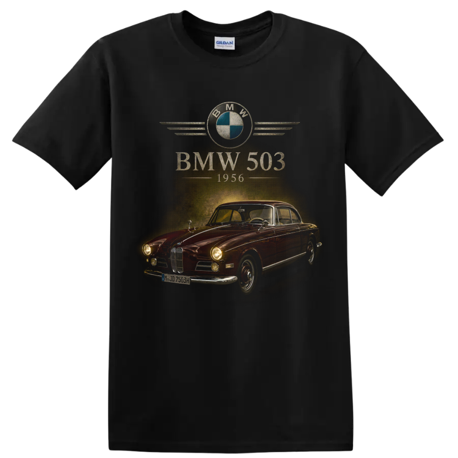 BMW 503 1956 red vintage coupe graphic with retro automotive lettering on a Black T Shirt