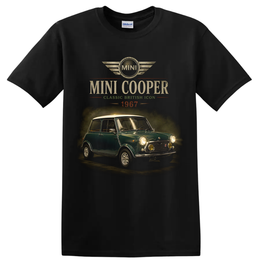 1967 Mini Cooper vintage classic car graphic with MINI emblem on a Black T Shirt