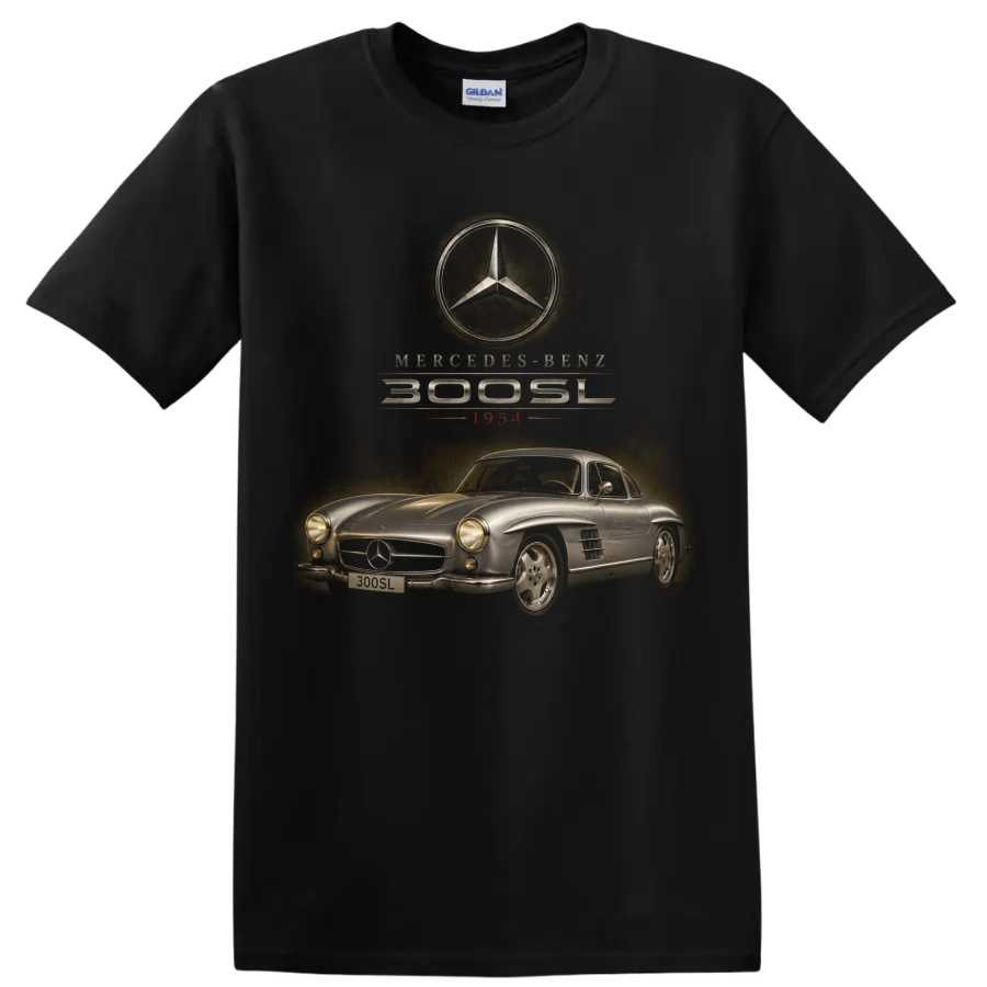Mercedes-Benz 300 SL Gullwing 1954 vintage classic car graphic on a Black T Shirt