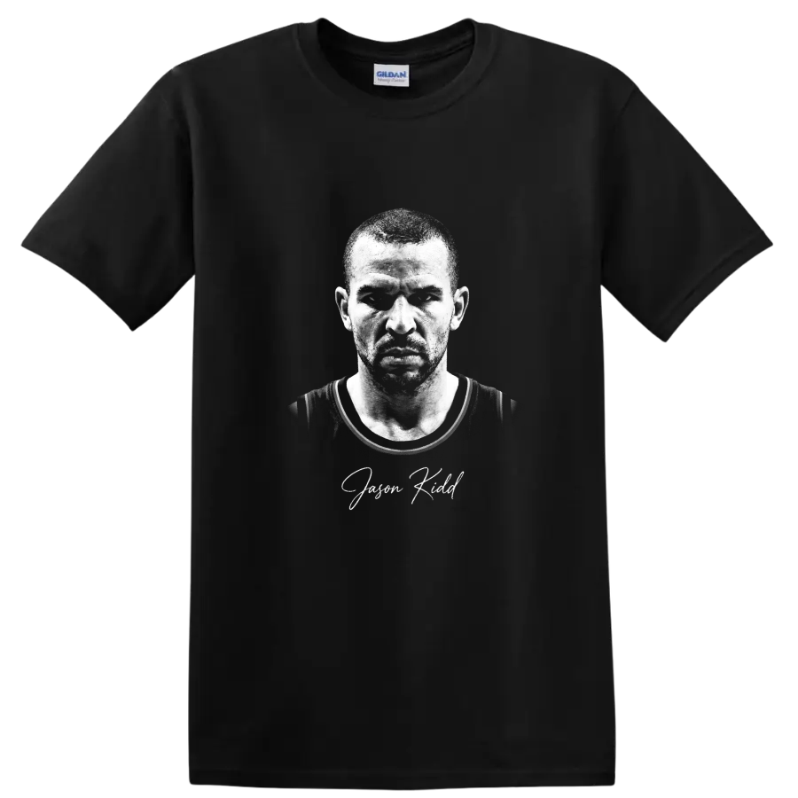 Jason Kidd black-and-white basketball portrait with signature-style name text on a Black T Shirt