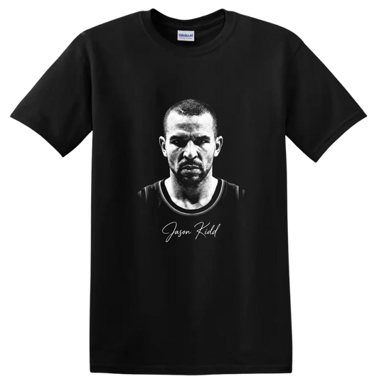 Jason Kidd black-and-white basketball portrait with signature-style name text on a Black T Shirt