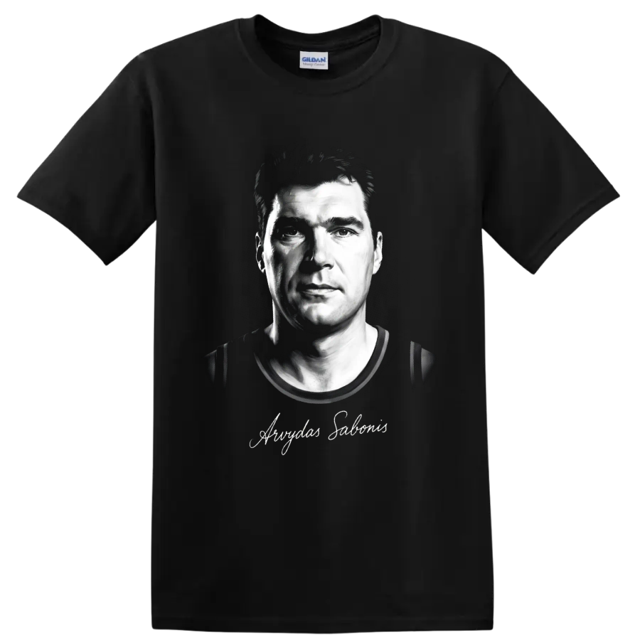 Arvydas Sabonis black-and-white basketball portrait with signature-style script on a Black T Shirt