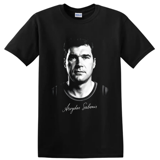 Arvydas Sabonis black-and-white basketball portrait with signature-style script on a Black T Shirt