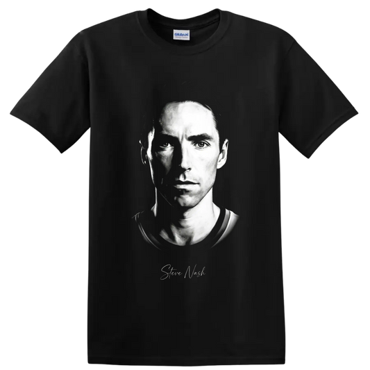 Steve Nash black-and-white split-shadow portrait with script signature on a Black T Shirt