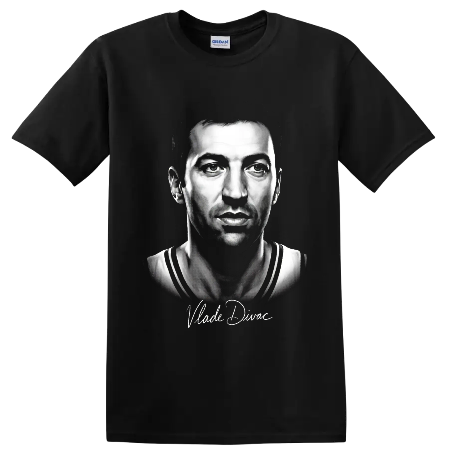 Monochrome Vlade Divac basketball portrait with cursive signature on a Black T Shirt