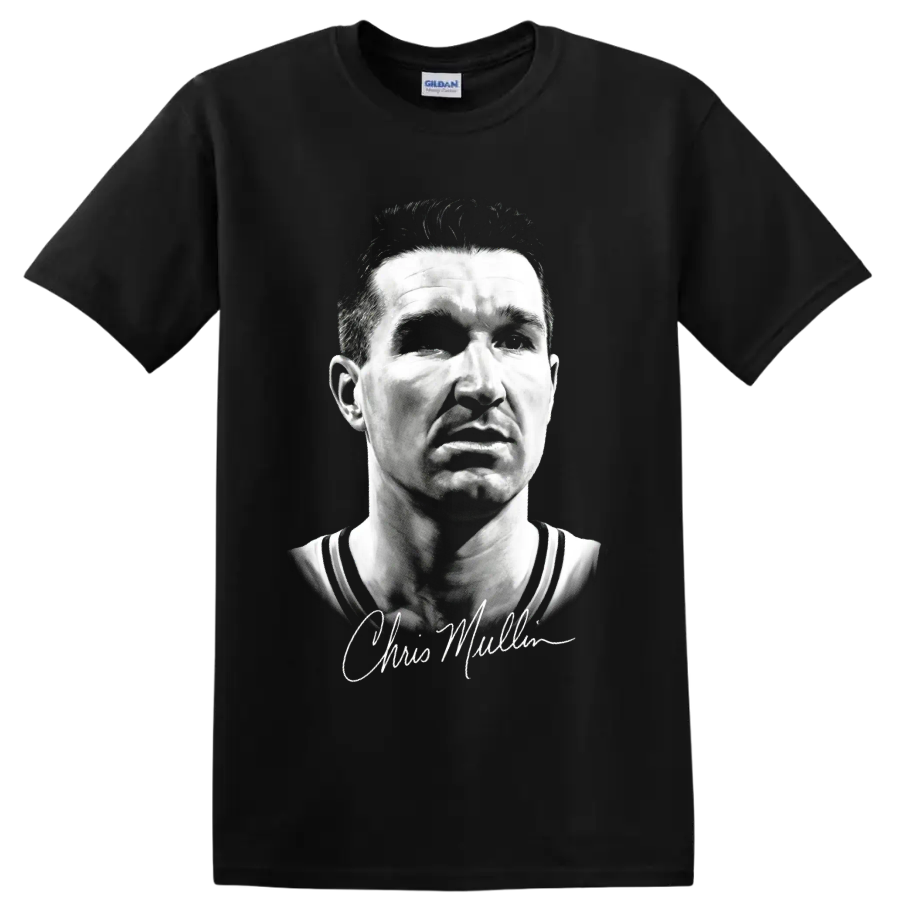 Monochrome Chris Mullin basketball portrait with cursive signature on a Black T Shirt