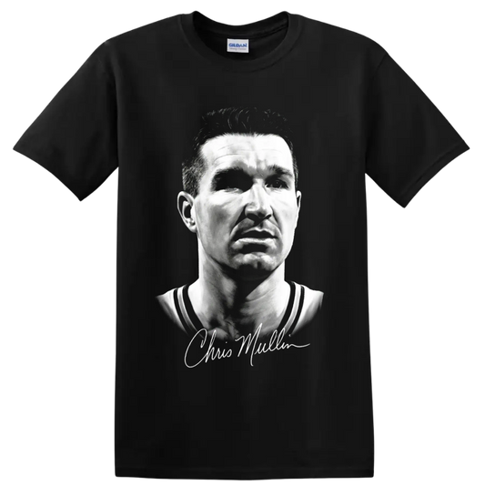 Monochrome Chris Mullin basketball portrait with cursive signature on a Black T Shirt