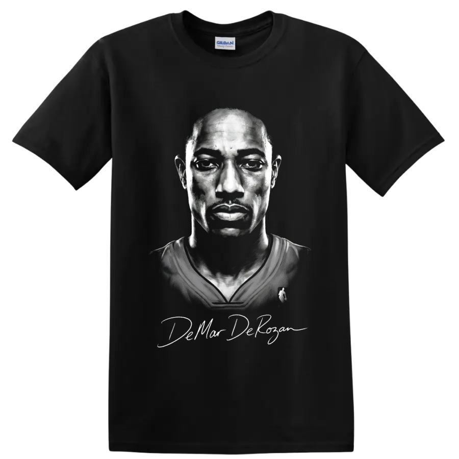 DeMar DeRozan monochrome basketball portrait with signature-style lettering on a Black T Shirt