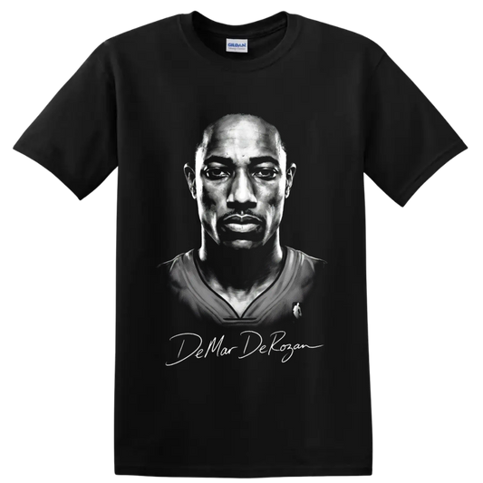 DeMar DeRozan monochrome basketball portrait with signature-style lettering on a Black T Shirt