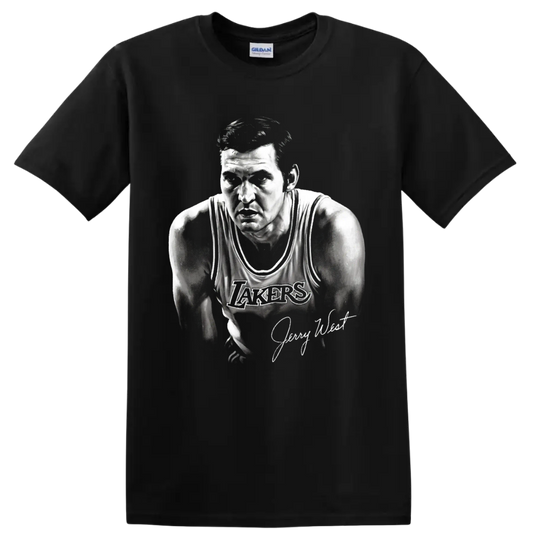 Jerry West Los Angeles Lakers No. 44 monochrome basketball portrait with signature on a Black T Shirt