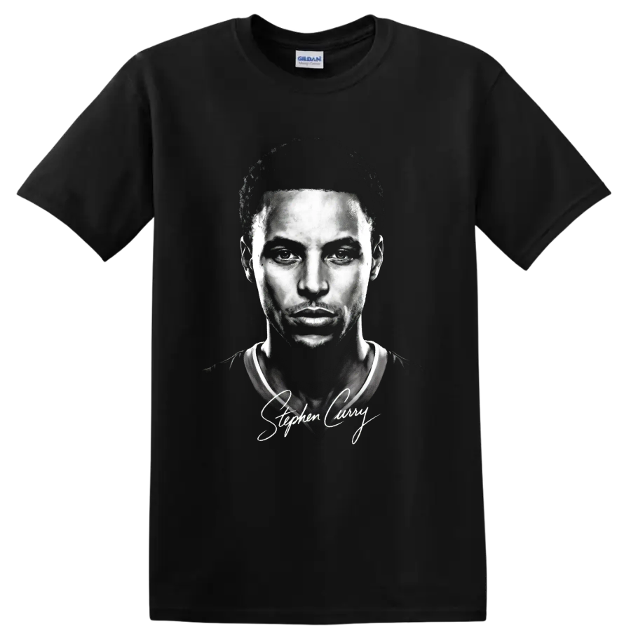 Monochrome Stephen Curry basketball portrait with signature-style script on a Black T Shirt