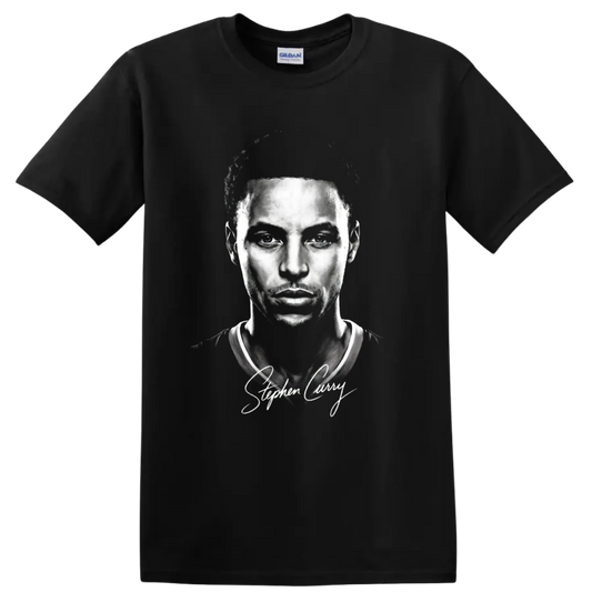 Monochrome Stephen Curry basketball portrait with signature-style script on a Black T Shirt