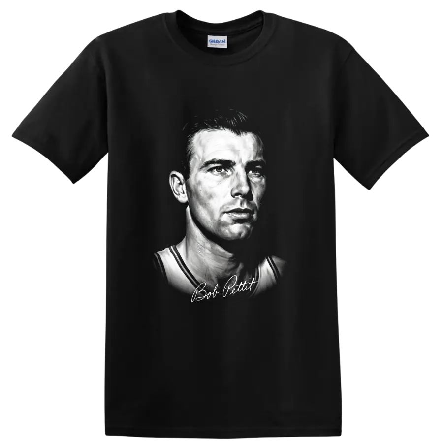 Bob Pettit St. Louis Hawks No. 9 monochrome basketball portrait with signature on a Black T Shirt