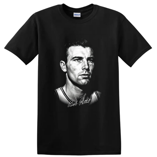 Bob Pettit St. Louis Hawks No. 9 monochrome basketball portrait with signature on a Black T Shirt