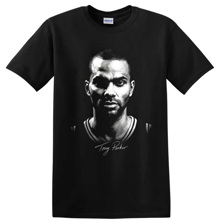 Tony Parker monochrome basketball portrait with signature-style script on a Black T Shirt