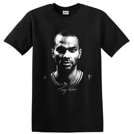 Tony Parker monochrome basketball portrait with signature-style script on a Black T Shirt