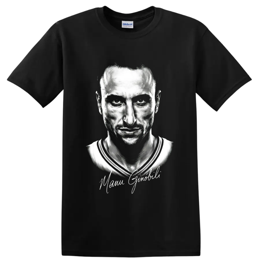 Monochrome Manu Ginobili basketball portrait with signature-style script on a Black T Shirt