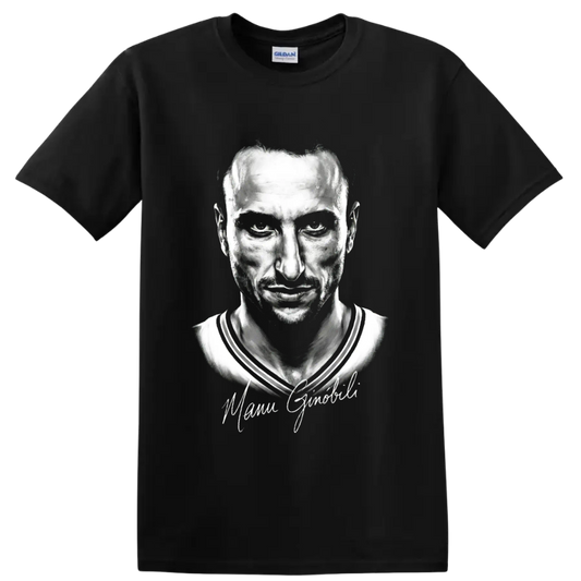 Monochrome Manu Ginobili basketball portrait with signature-style script on a Black T Shirt