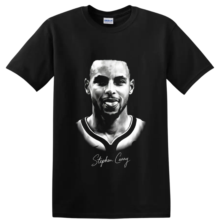 Stephen Curry monochrome basketball portrait with signature-style script on a Black T Shirt