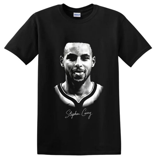 Stephen Curry monochrome basketball portrait with signature-style script on a Black T Shirt