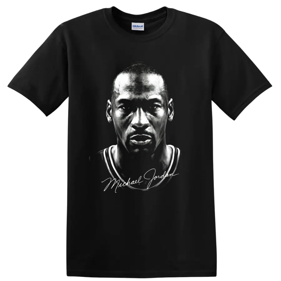 Michael Jordan Chicago Bulls No. 23 monochrome portrait with signature-style text on a Black T Shirt