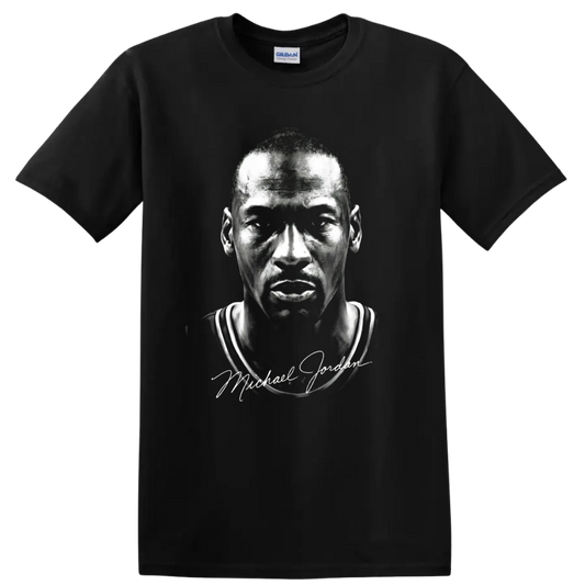 Michael Jordan Chicago Bulls No. 23 monochrome portrait with signature-style text on a Black T Shirt