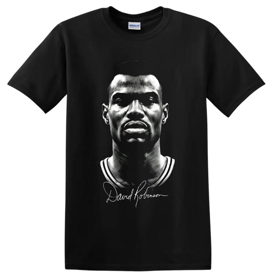 David Robinson No. 50 black-and-white basketball portrait with signature-style graphic on a Black T Shirt