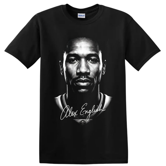Alex English black-and-white basketball portrait with signature-style script on a Black T Shirt