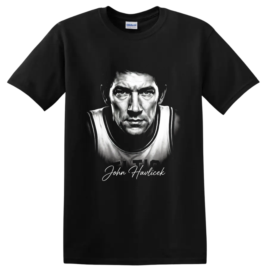 Black-and-white John Havlicek No. 17 basketball portrait with signature-style name on a Black T Shirt