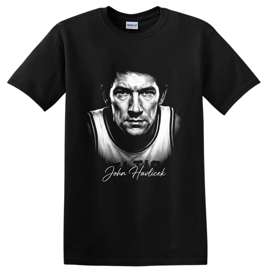 Black-and-white John Havlicek No. 17 basketball portrait with signature-style name on a Black T Shirt