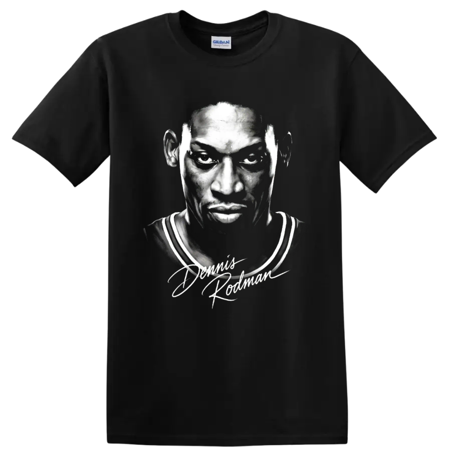Monochrome Dennis Rodman Chicago Bulls No. 91 portrait with scripted signature on a Black T Shirt