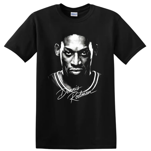 Monochrome Dennis Rodman Chicago Bulls No. 91 portrait with scripted signature on a Black T Shirt
